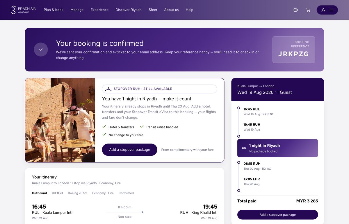 Confirmation page with the post-booking stopover offer