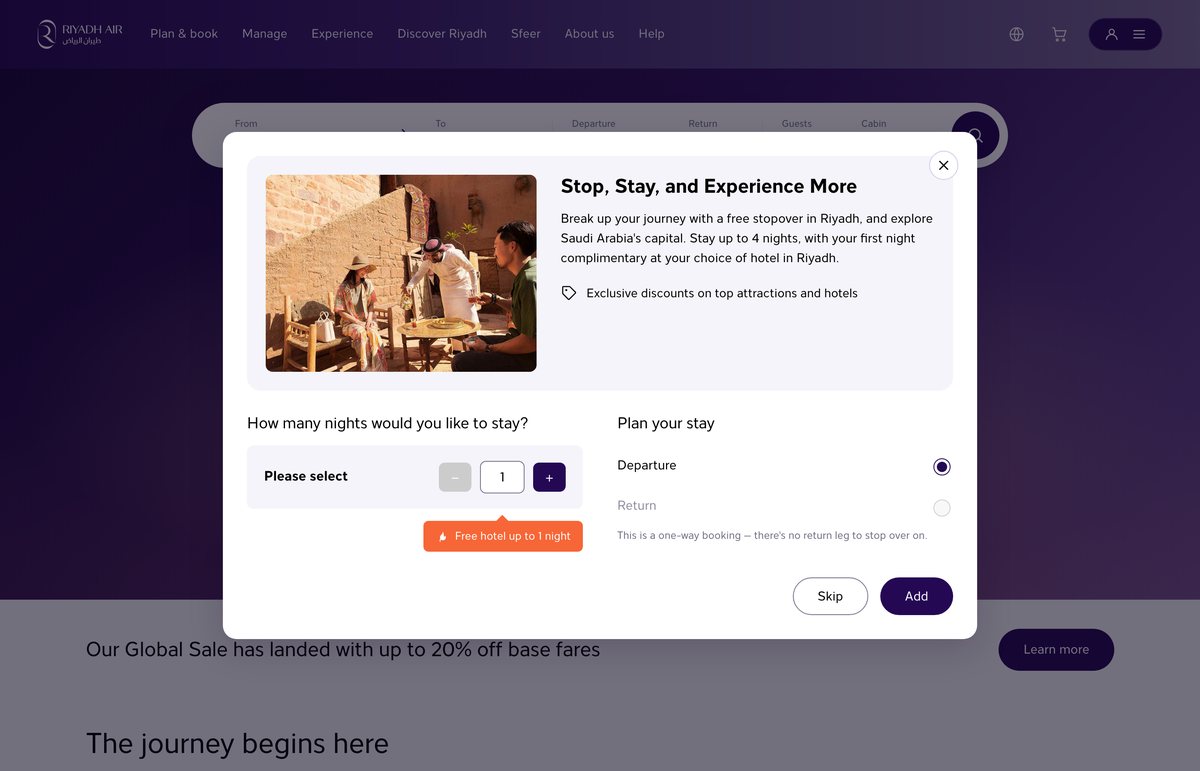 The stopover offer appearing over the Riyadh Air homepage after a flight search