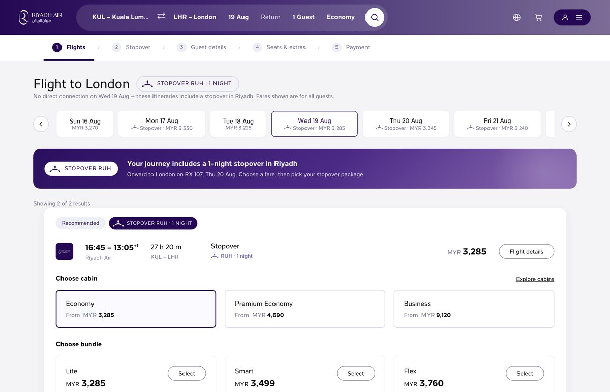 Search results with the stopover flagged